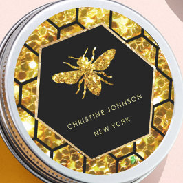 Hexagon-Bienenlogo auf schwarz Runder Aufkleber