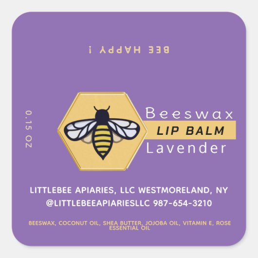 HEXAGON Bienenwachs Lavendel LIP BALM mit BEE Quadratischer Aufkleber (Vorderseite)