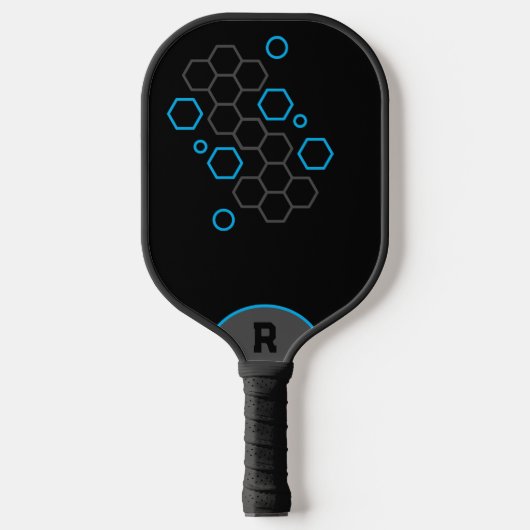 Hexagon Black Gray Blue Personalisiert Pickleball Schläger (Vorderseite)