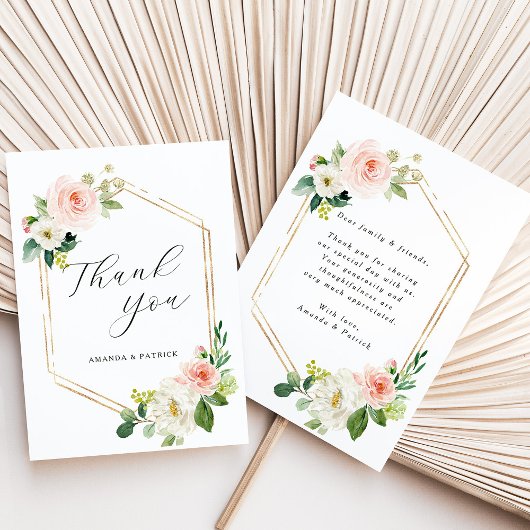 Hexagon Gold Frame Blush Pink Floral Vielen Dank Dankeskarte