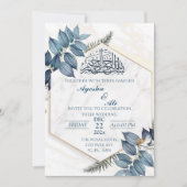 Hexagon Gold Frame graue Blätter Islamische Hochze Einladung (Vorderseite)