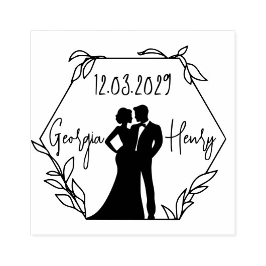 Hexagon-Hochzeits-Briefmarke mit Couple-Silhouette Gummistempel (Prägung)