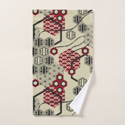 Hexagon im asiatischen Stil, rot und schwarz Badhandtuch Set (Handtuch)