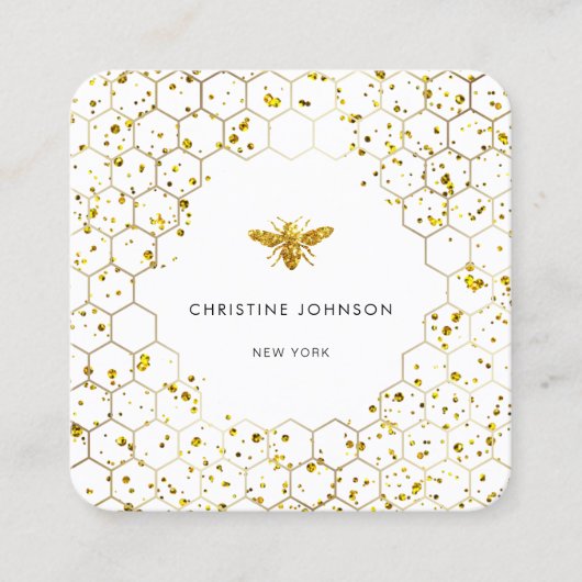 Hexagon Imitate Glitzer Biene Quadratische Visitenkarte (Vorderseite)