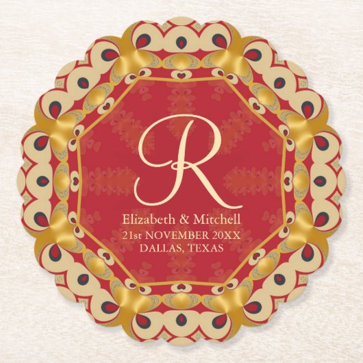 Hexagon Liebe Red Gold Monogram Individuelle Name Untersetzer (Vorderseite)