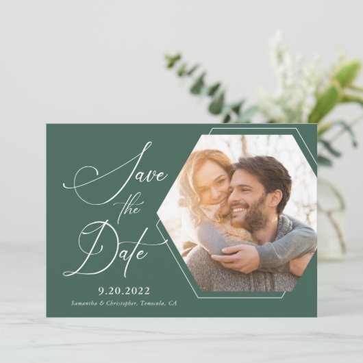 Hexagon Modern Foto Script Save the Date (Stehend Vorderseite)