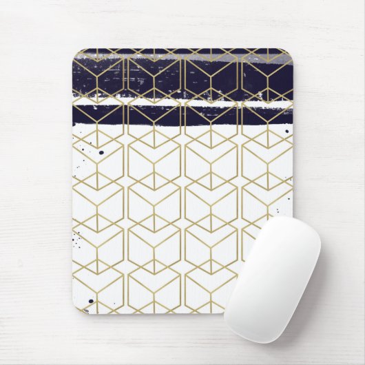 Hexagon Modern Navy Blue Gold Geometric Glam Mousepad (Mit Mouse)