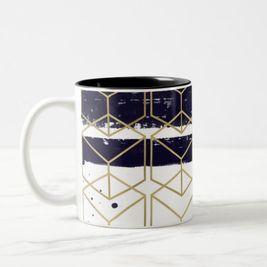Hexagon Modern Navy Blue Gold Geometric Glam Zweifarbige Tasse (Links)