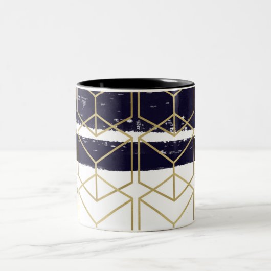 Hexagon Modern Navy Blue Gold Geometric Glam Zweifarbige Tasse (Mittel)