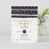 Hexagon Modern Navy Blue Gold Geometric Verlobung Einladung (Stehend Vorderseite)
