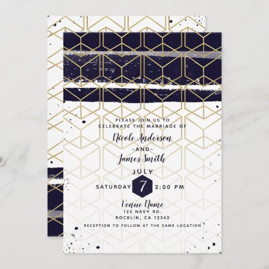 Hexagon Modern Navy Blue Gold Geometric Wedding Einladung (Vorne/Hinten)