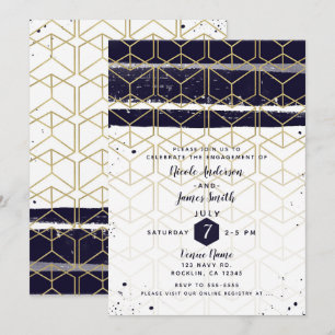 Hexagon Modern Navyblau Gold Geometrisch Verlobung Einladung