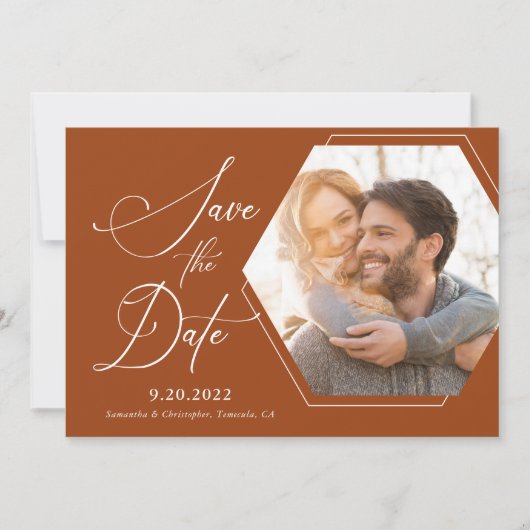 Hexagon Modernes Foto Script Terracotta Save The Date (Vorderseite)