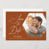 Hexagon Modernes Foto Script Terracotta Save The Date (Vorne/Hinten)