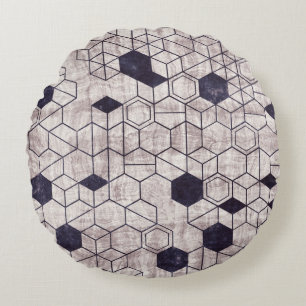 Hexagon-Muster, isometrisch, grungenhaft Rundes Kissen