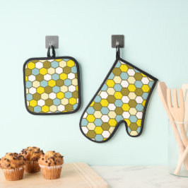 Hexagon Pattern in Yellow, Green and Blue Ofenhandschuh & Topflappen-Set