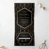 Hexagon Retro Art Deco Schwarzes Gold 3 in 1 Hochz Dreifach Gefaltete Einladung (Innenseite)