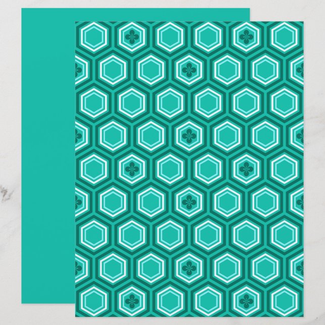 Hexagonal Kimono Print, Aquamarin, Aqua und White (Vorne/Hinten)