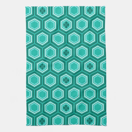 Hexagonal Kimono Print, Aquamarin, Aqua und White Handtuch (Vertikal)