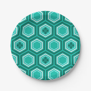 Hexagonal Kimono Print, Aquamarin, Aqua und White Pappteller