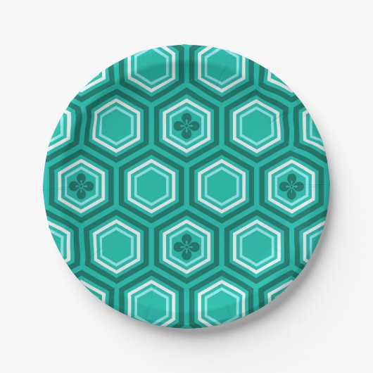 Hexagonal Kimono Print, Aquamarin, Aqua und White Pappteller (Vorderseite)