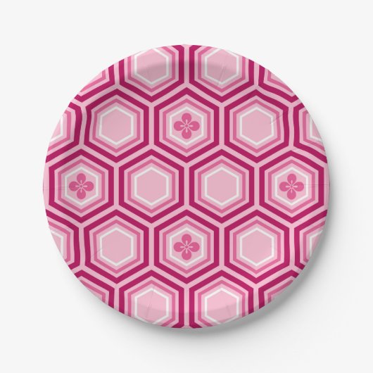 Hexagonal Kimono Print, Burgund und Rosa Pappteller (Vorderseite)