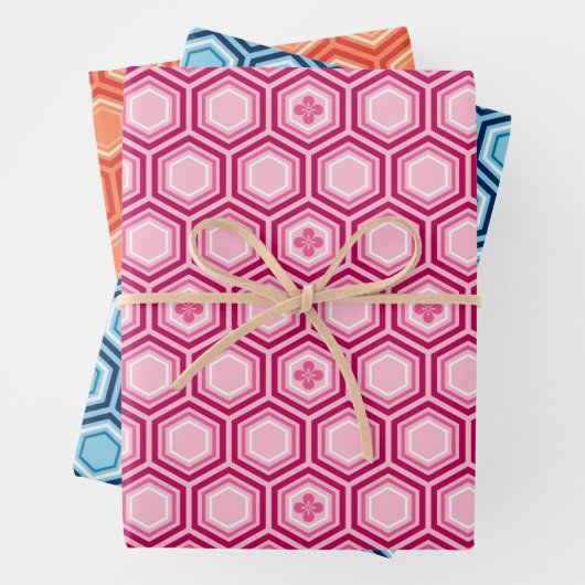 Hexagonal Kimono Print, Rosa, Blau, Orange Geschenkpapier Set (Beispiel)