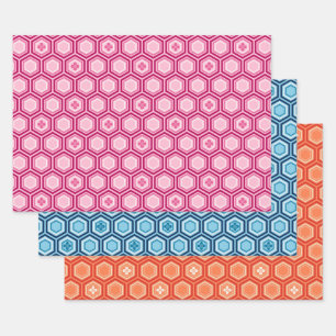 Hexagonal Kimono Print, Rosa, Blau, Orange Geschenkpapier Set