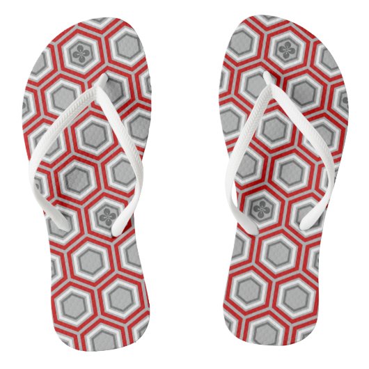 Hexagonal Kimono Print, rot und grau / grau Badesandalen (Fußbett)