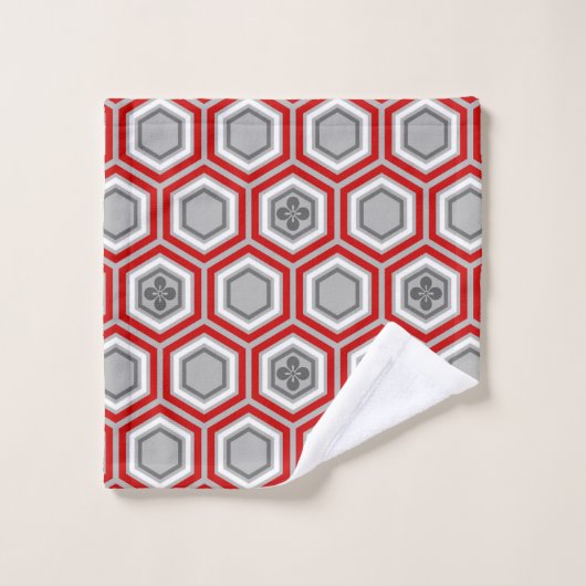 Hexagonal Kimono Print, Rot und Grau / Grau Badhandtuch Set (Waschlappen)