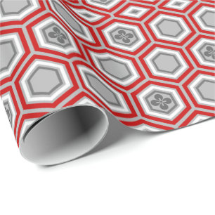 Hexagonal Kimono Print, rot und grau / grau Geschenkpapier