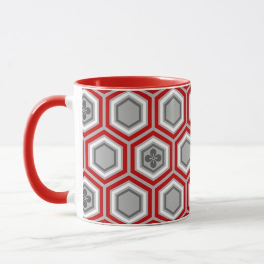 Hexagonal Kimono Print, rot und grau / grau Tasse (Links)