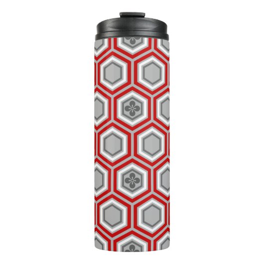 Hexagonal Kimono Print, rot und grau / grau Thermosbecher (Vorderseite)
