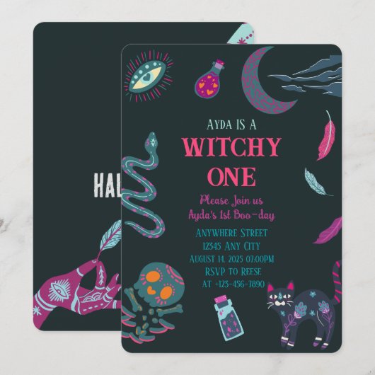 Hexchy Eins 1. Geburtstag zwischen Einladung (Vorne/Hinten)