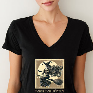 Hexe auf Besen Vollmond & Fledermäuse Halloween T-Shirt