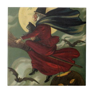 Hexe auf Besenstiel mit Katze zum Vintage-Hallowee Fliese