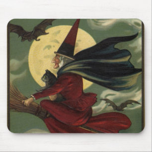 Hexe auf Besenstiel mit Katze zum Vintage-Hallowee Mousepad