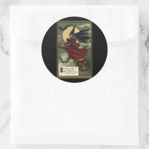 Hexe auf Besenstiel mit Katze zum Vintage-Hallowee Runder Aufkleber