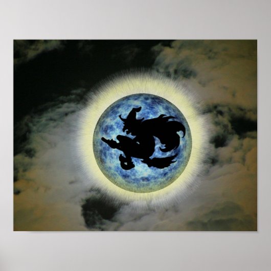 Hexe auf Broom Blue Full Moon Halloween Poster (Vorne)