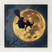 Hexe auf Broom durch Vollmond Halloween Puzzle (Horizontal)