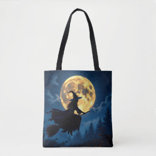 Hexe auf Broom durch Vollmond Halloween Tasche