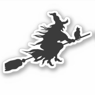Hexe auf Broom mit Cat-Silhouette Aufkleber