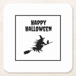 Hexe auf Broom mit Katze Halloween Rechteckiger Pappuntersetzer
