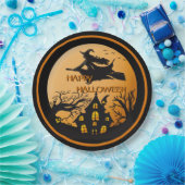 Hexe auf Broom Spooky Halloween House Trees Pappteller (Party)