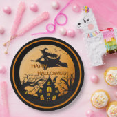 Hexe auf Broom Spooky Halloween House Trees Pappteller (Party)
