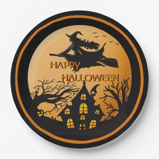 Hexe auf Broom Spooky Halloween House Trees Pappteller (Vorderseite)