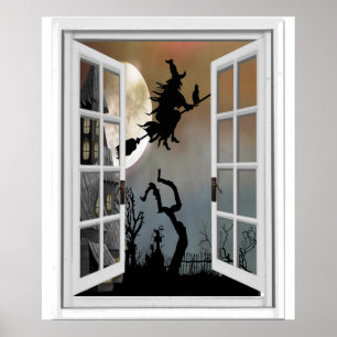 Hexe auf Broomstick-Fensteransicht Poster