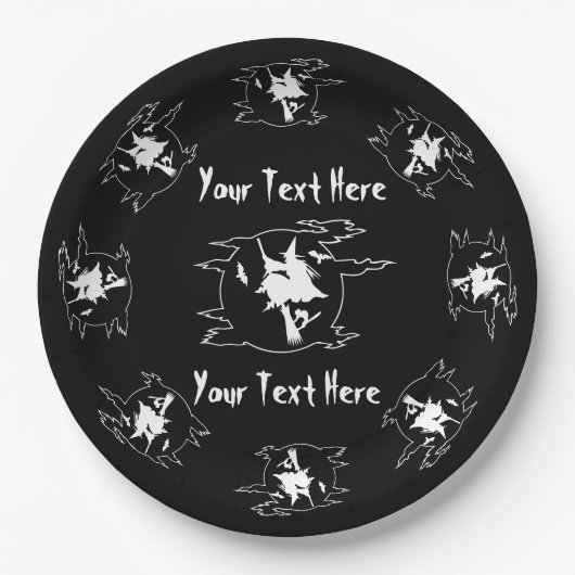 Hexe auf Broomstick mit Katze und Fledermaushallow Pappteller (Vorderseite)