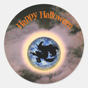 Hexe auf Broomstick Vollmond Halloween Runder Aufkleber