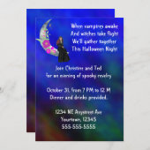Hexe auf dem Mond mit Blume & Spider Halloween-Par Einladung (Vorne/Hinten)